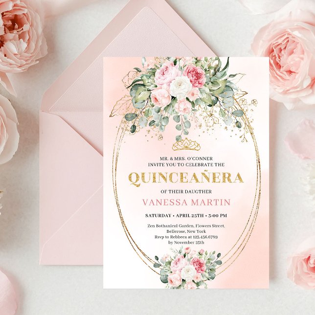 Stiliga rosablommande gröna Quinceañera-inbjudan Inbjudningar (Stylish Blush Roses Greenery Quinceañera Invite

)