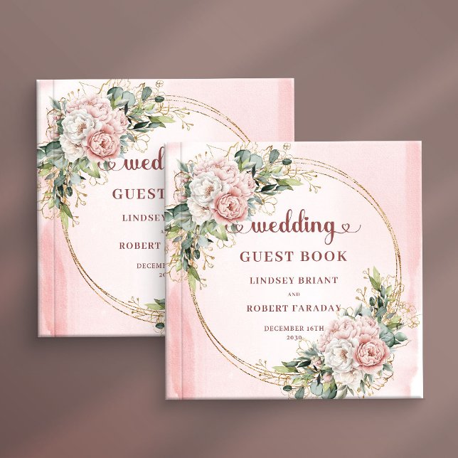 Stiliga rosablommor Eucalyptus Bröllop  Gästböcker (Stylish Blush Pink Flowers Eucalyptus Wedding Guest Book

)