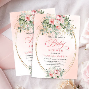 Stiliga rosafärgade rosor Guldglitter Baby Shower Inbjudningar