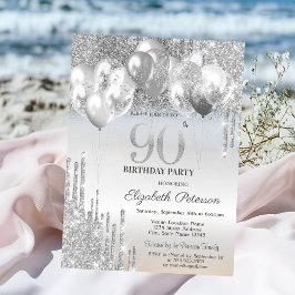 Stiliga Silver Glitterdroppar Ballonger 90-års Föd Inbjudningar