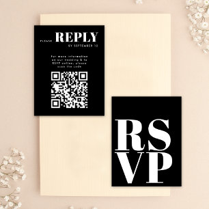 Stiliga svarta vita RSVP-kort för bröllops QR-kod OSA Kort