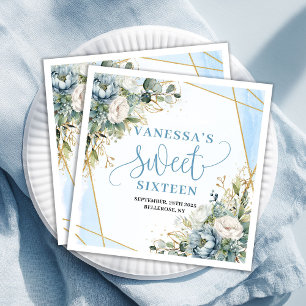 Stiliga Sweet 16 Blå Blommiga Gröna Servetter