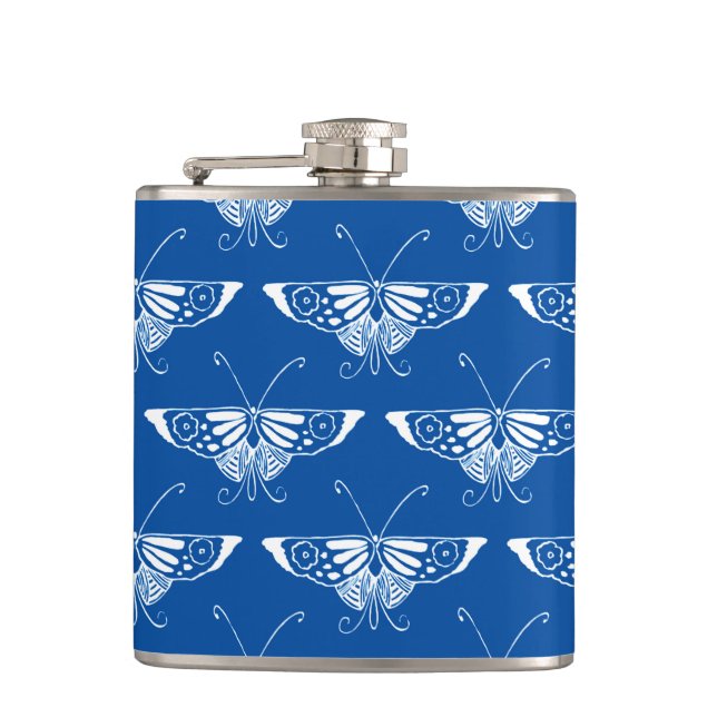 Stiliserad Art Deco-fjäril, koboltblå och vit Fickplunta (Framsidan)