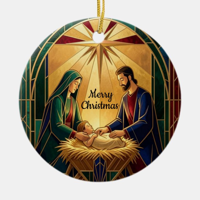 Stiliserad bild av julkrubba julgransprydnad keramik (Framsidan)