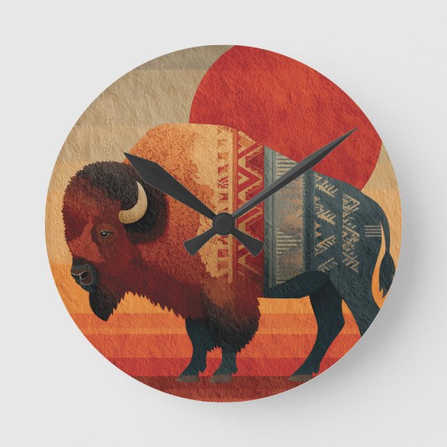 Stiliserad Bison med infödda amerikanska mönster  Rund Klocka (Framsida)