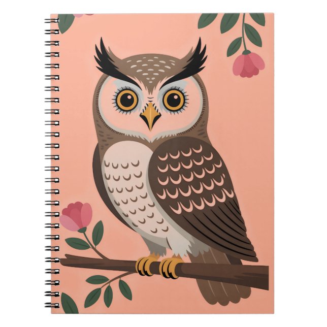 Stiliserad Brun Uggla på Gren med Rosa Blommor Anteckningsbok (Framsidan)
