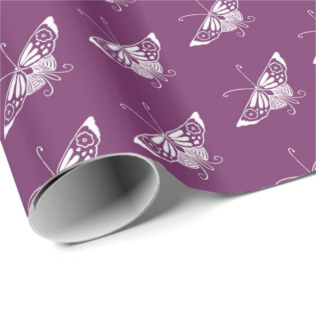 Stiliserad Deco fjäril - aubergine lila Presentpapper (Rullad Hörn)