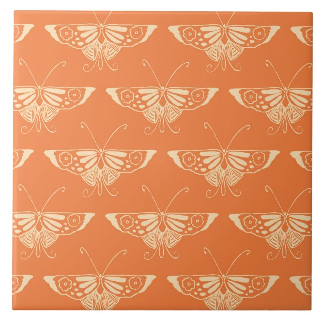 Stiliserad Deco fjäril - korallorange Kakelplatta (Framsidan)