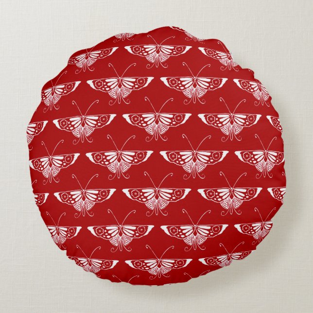 Stiliserad Deco-fjäril - mörk röd och vit Rund Kudde (Baksidan)