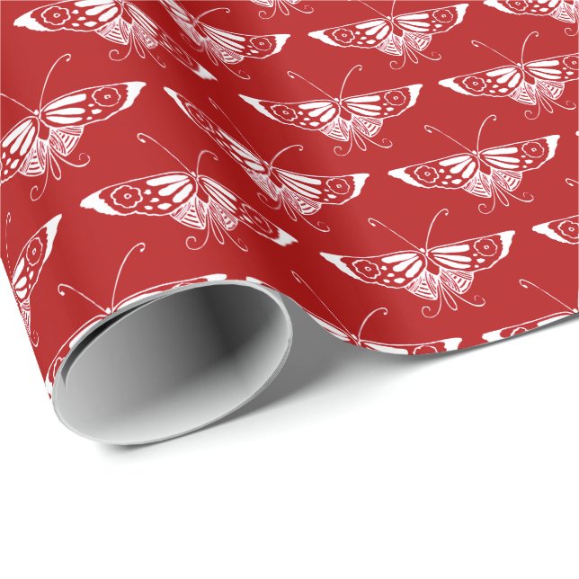 Stiliserad Deco-fjäril - mörkröd och vit Presentpapper (Rullad Hörn)