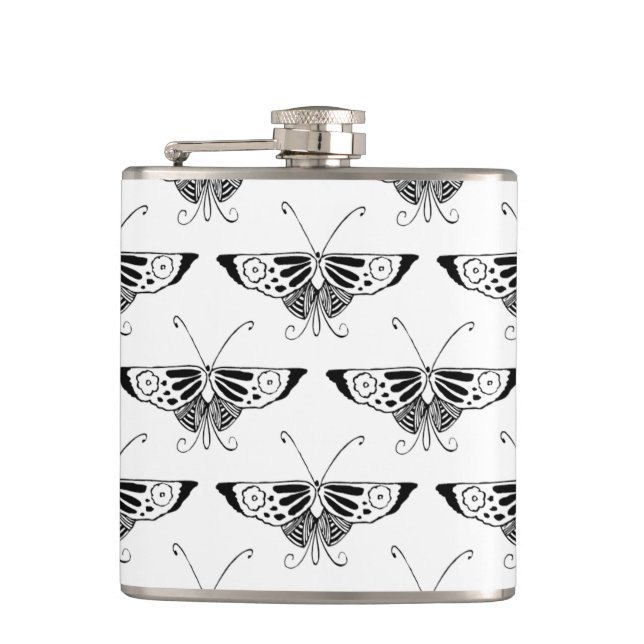 Stiliserad Deco-fjäril - vit och svart Fickplunta (Framsidan)