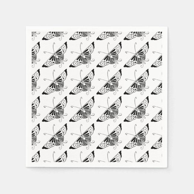 Stiliserad Deco-fjäril - vit och svart Pappersservett (Framsidan)