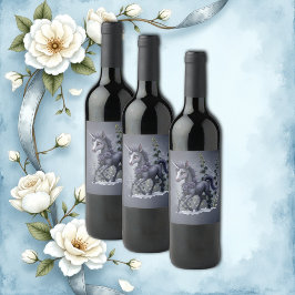 Stiliserad enhörning i blommigt. vinflaska etikett