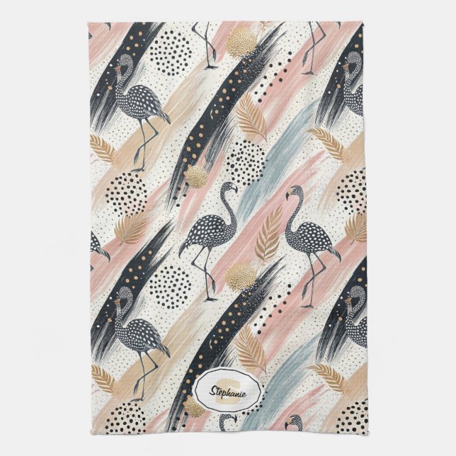 Stiliserad flamingo & penseldragsmönster kökshandduk (Vertikal)