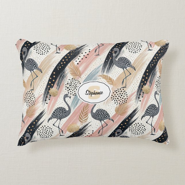 Stiliserad flamingo & penseldragsmönster prydnadskudde (Framsidan)