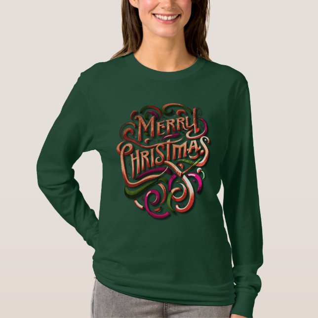 Stiliserad God jul Rosa Grönt T Shirt (Framsida)