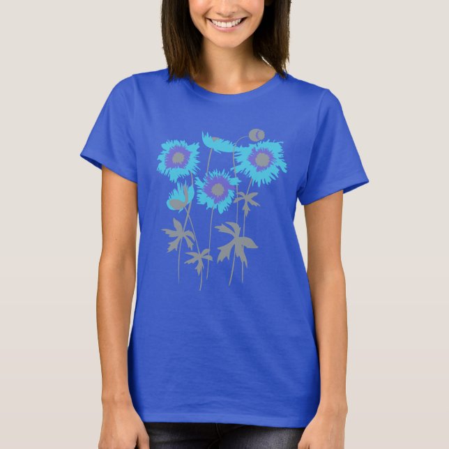 Stiliserad grafik, ojämna poppies blå lila och grå tee shirt (Framsida)