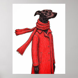 Stiliserad Greyhound-ritning med röd vintage-kappa Poster