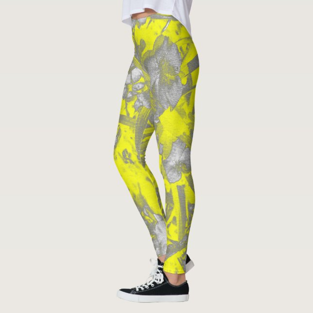 Stiliserad Gult Grått Flowers Blommigt Leggings (Vänster)