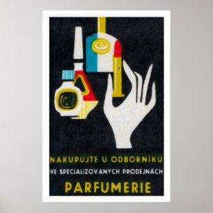 Stiliserad hand som håller en parfymflaska poster