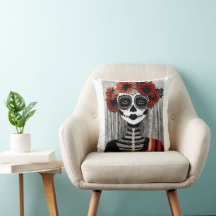 Stiliserad La Catrina Pillow: Black, Red och White Kudde