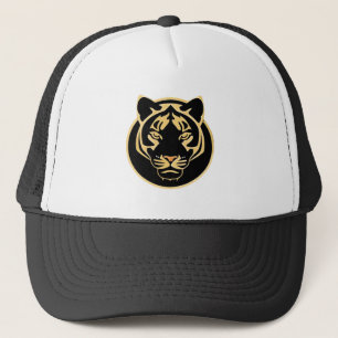 Stiliserad logodesign med gyllene tiger keps