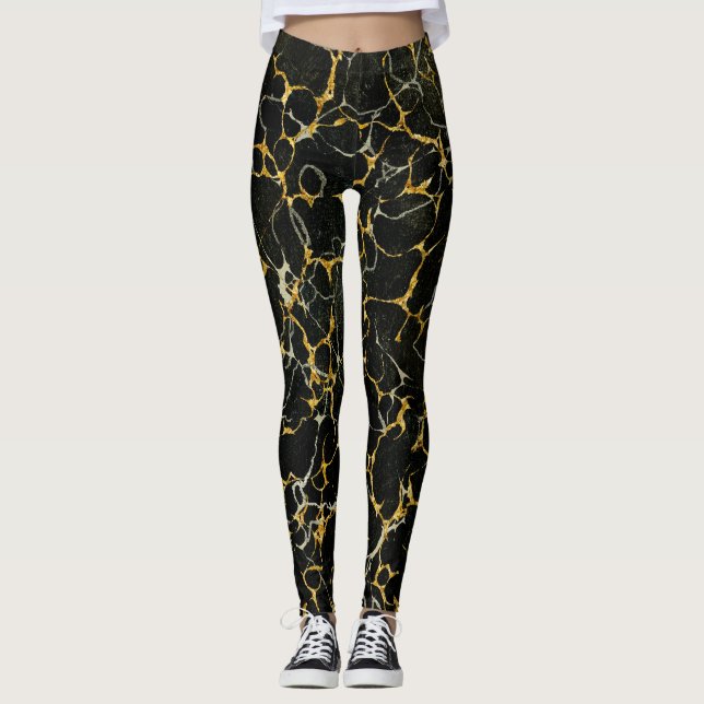 Stiliserad Modern Marbling Marble Black Guld Leggings (Framsida)