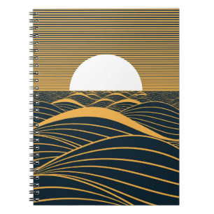 Stiliserad sol-måne, illustration av mörkens hav. anteckningsbok