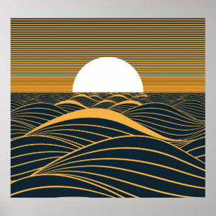 Stiliserad sol-måne, illustration av mörkens hav. poster