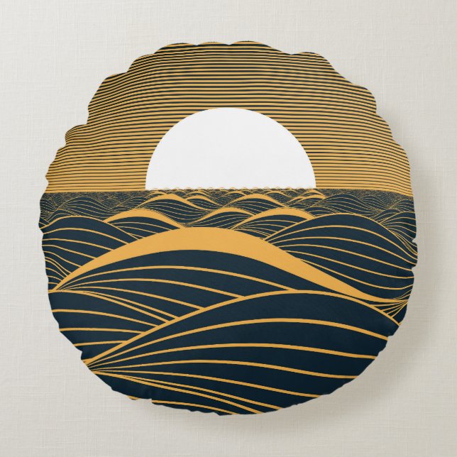 Stiliserad sol-måne, illustration av mörkens hav. rund kudde (Framsidan)