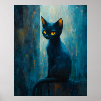 Stiliserad svart katt i dämpad penselföring poster