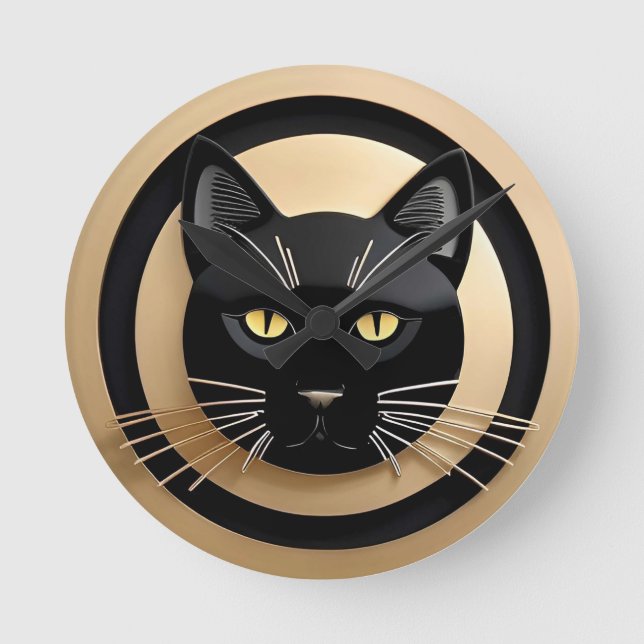 Stiliserad svart kattillustration rund klocka (Framsida)