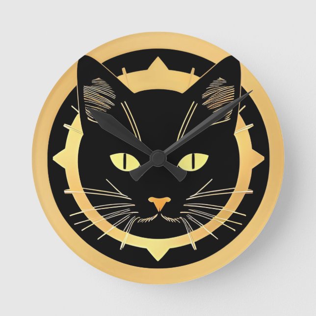 Stiliserad svart kattillustration rund klocka (Framsida)