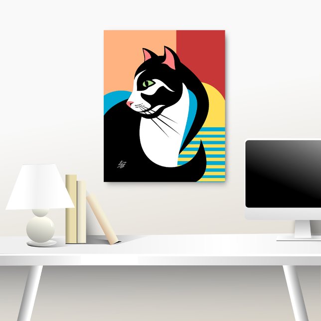 Stiliserad svart och vit kattkonst poster (Abstract cat art over desk)