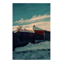 Stiliserad vinter snö teal himmel landskaps konst
