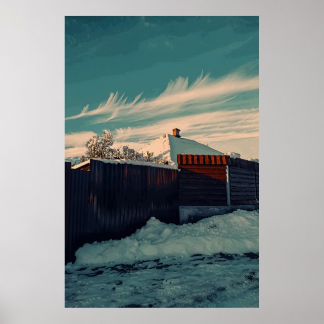 Stiliserad vinter snö teal himmel landskaps konst poster (Framsidan)