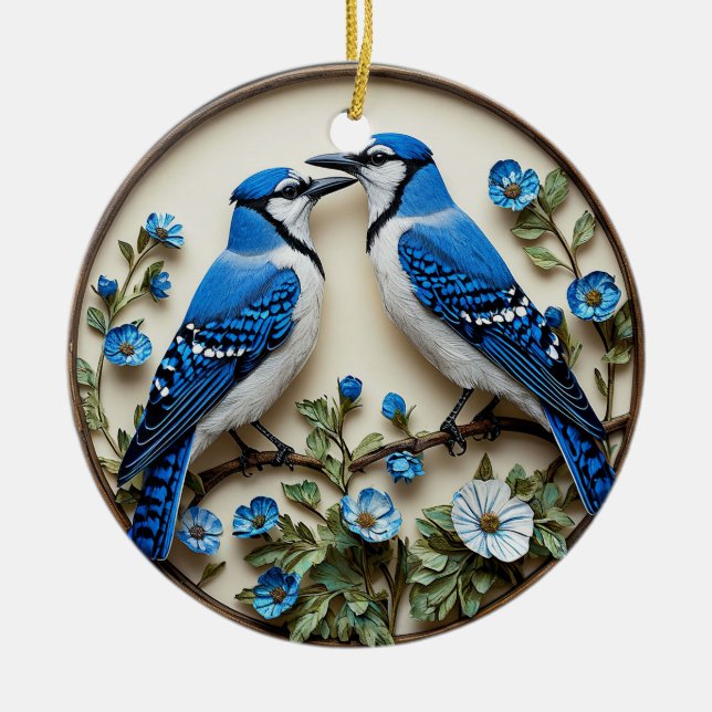 Stiliserade blå jays mitt i dekorativ botanisk Pap Julgransprydnad Keramik (Framsidan)