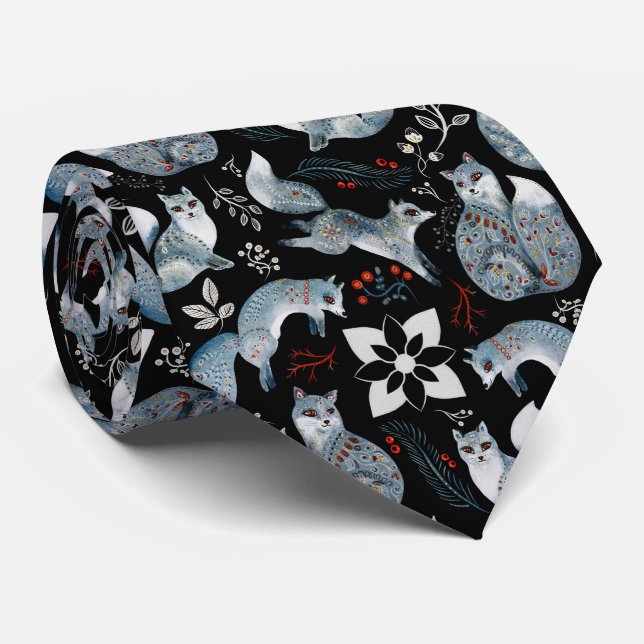 Stiliserade blå rävar med invecklade blommönster slips (Rullad)
