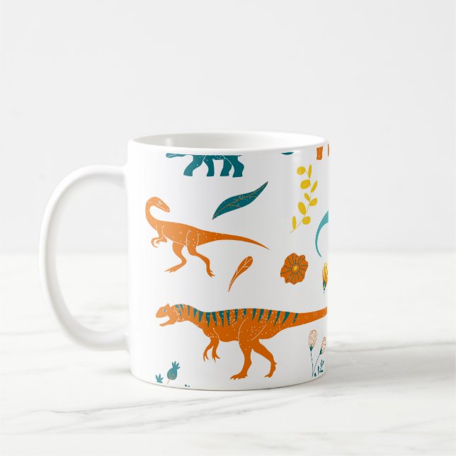 Stiliserade dinosaurier, blommigt inslag, söta. kaffemugg (Vänster)
