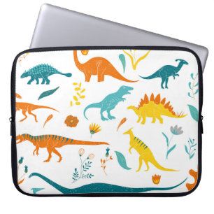 Stiliserade dinosaurier, blommigt inslag, söta. laptop fodral