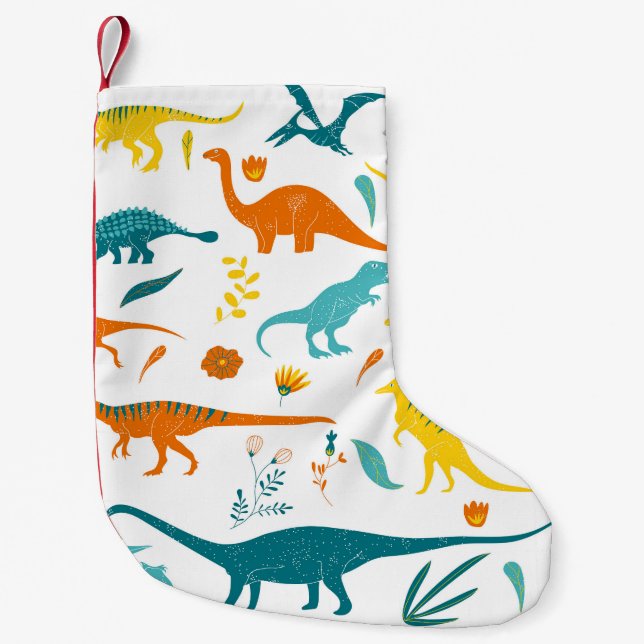 Stiliserade dinosaurier, blommigt inslag, söta. liten julstrumpa (Framsidan)