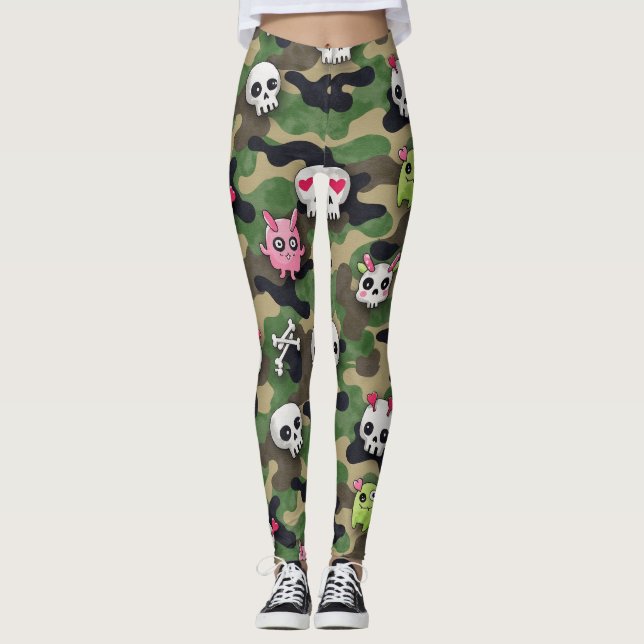 Stiliserade Döskallar med Heart Ögon Camo Leggings (Framsida)