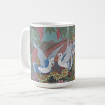 Stiliserade duvor i blommande trädgård