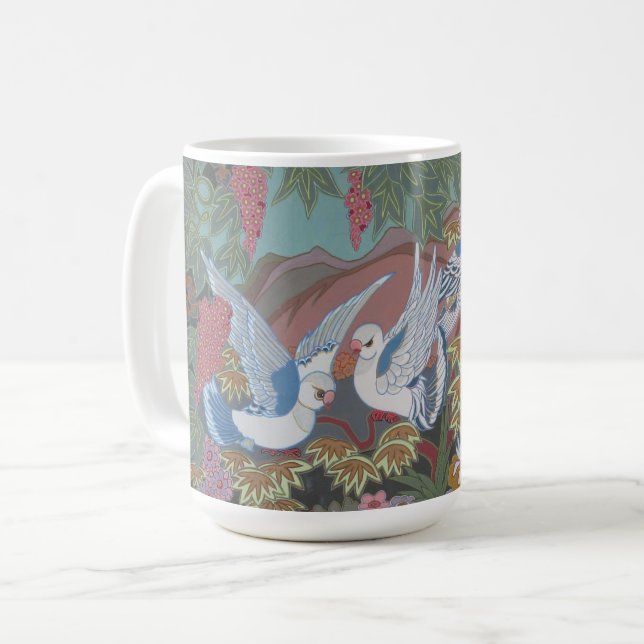 Stiliserade duvor i blommande trädgård kaffemugg (Framsida vänster)
