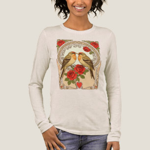 Stiliserade fåglar och röda rosor i jugendstil t shirt