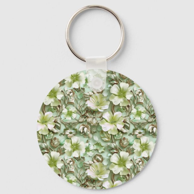 Stiliserade Gröna Blommor Nyckelring (Framsida)