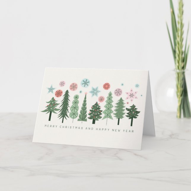 Stiliserade julgranar och snöflingor helgkort (Framsida)