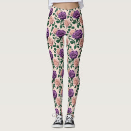Stiliserade lila rosor med gröna accenter leggings