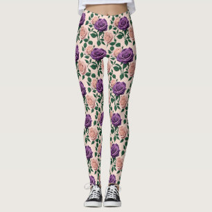 Stiliserade lila rosor med gröna accenter leggings