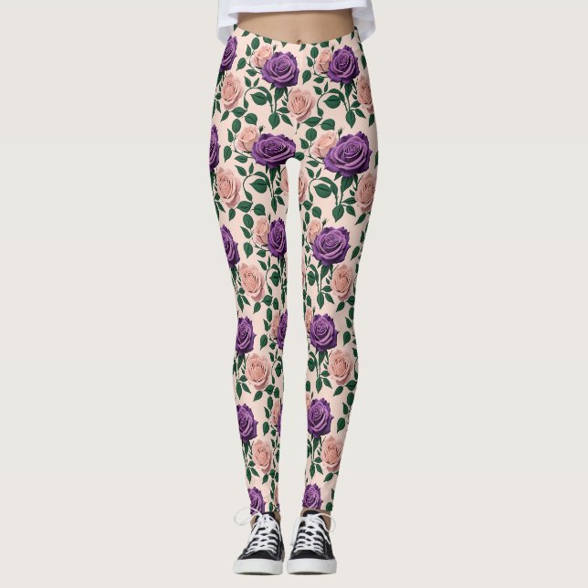 Stiliserade lila rosor med gröna accenter leggings (Framsida)